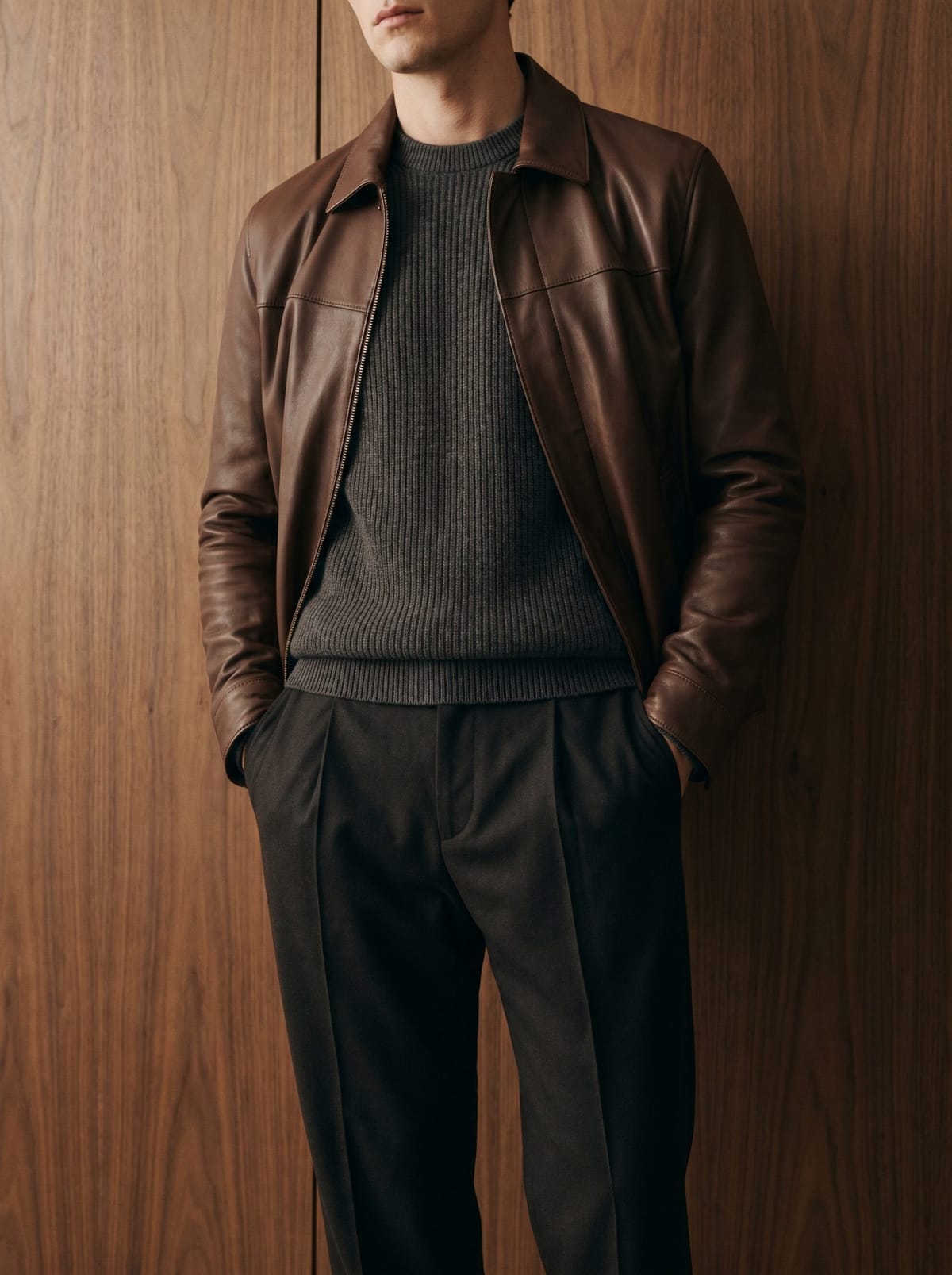 QESHTA menswear — cocoa leather jacket and tailoring