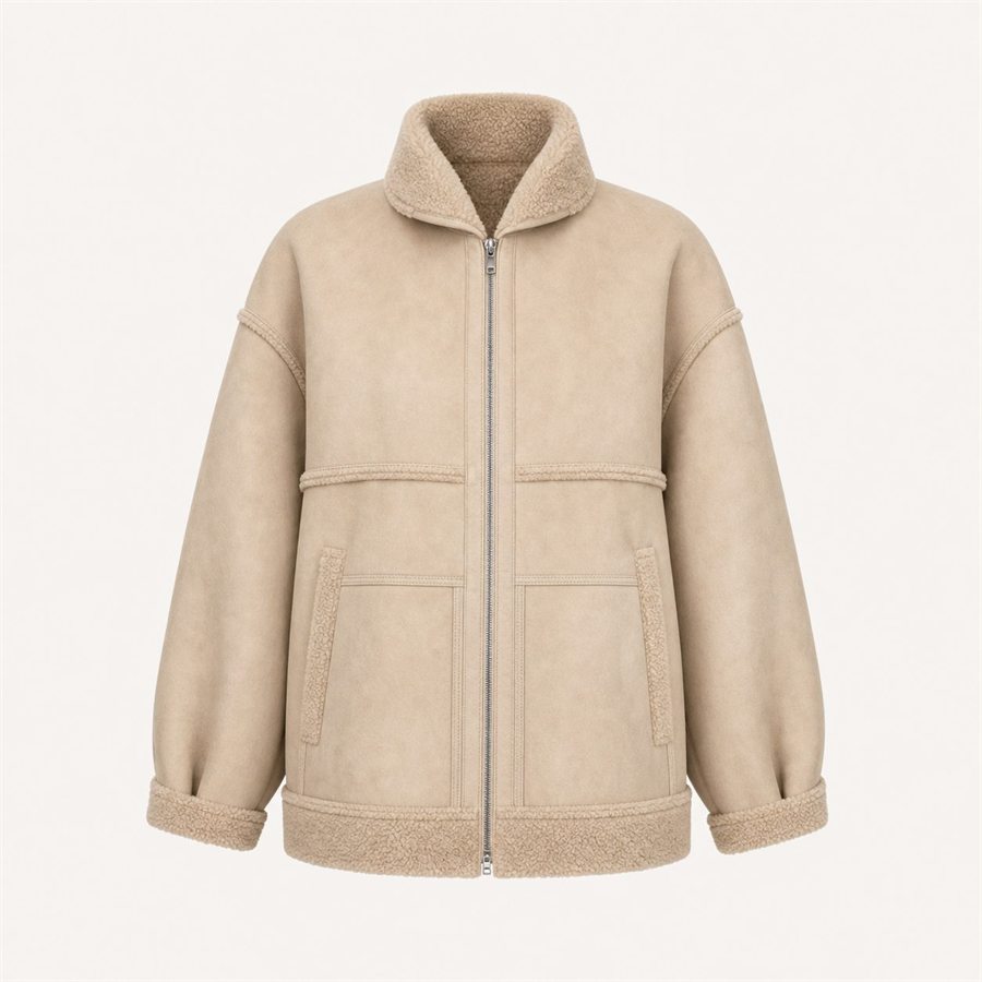 Beige oversized shearling jacket on a warm off-white background