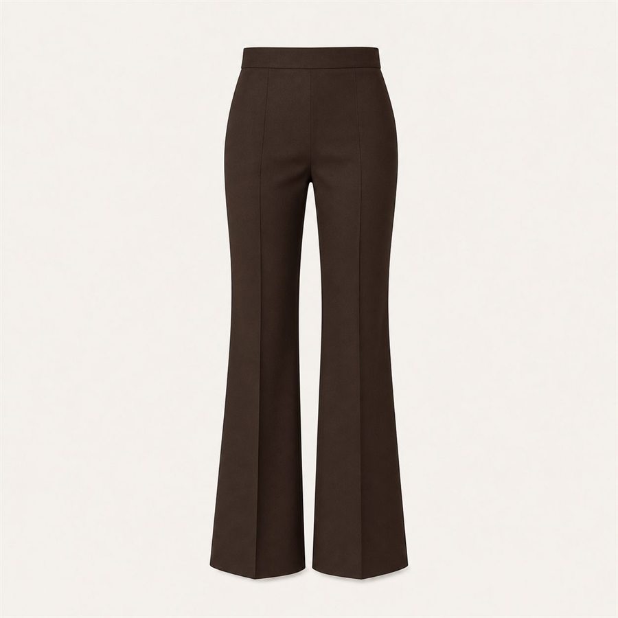 Dark chocolate flared trousers on a warm off-white background
