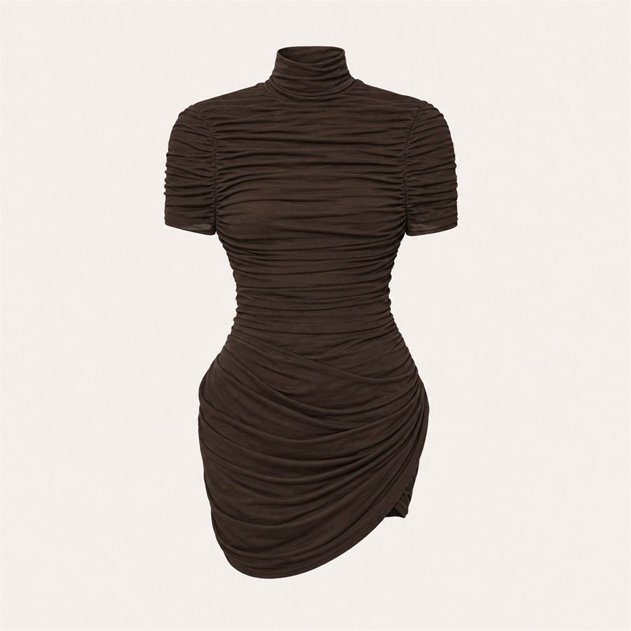 Espresso brown ruched dress on a warm off-white background