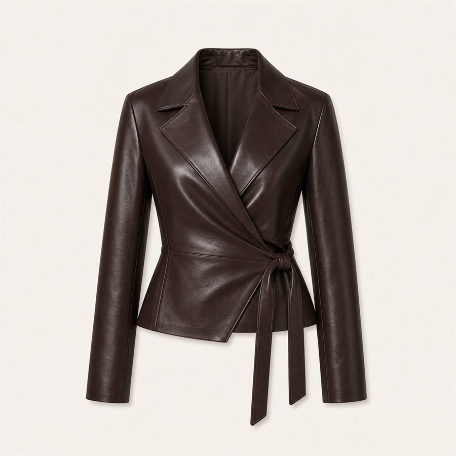 Dark espresso leather wrap jacket on a warm off-white background