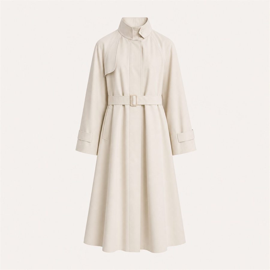 Ivory long trench coat on a warm off-white background