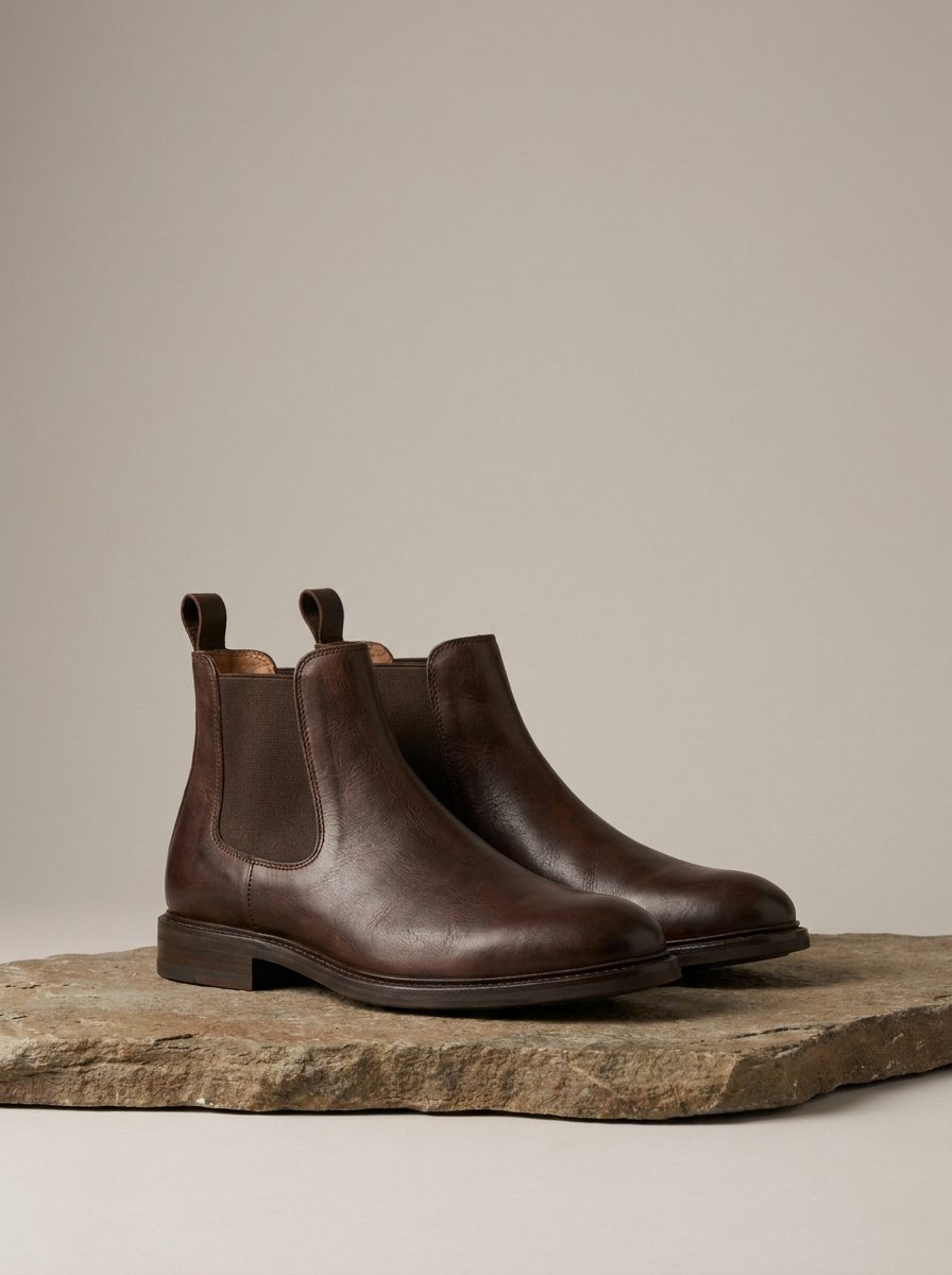 Espresso leather Chelsea boots for men on a warm off-white background