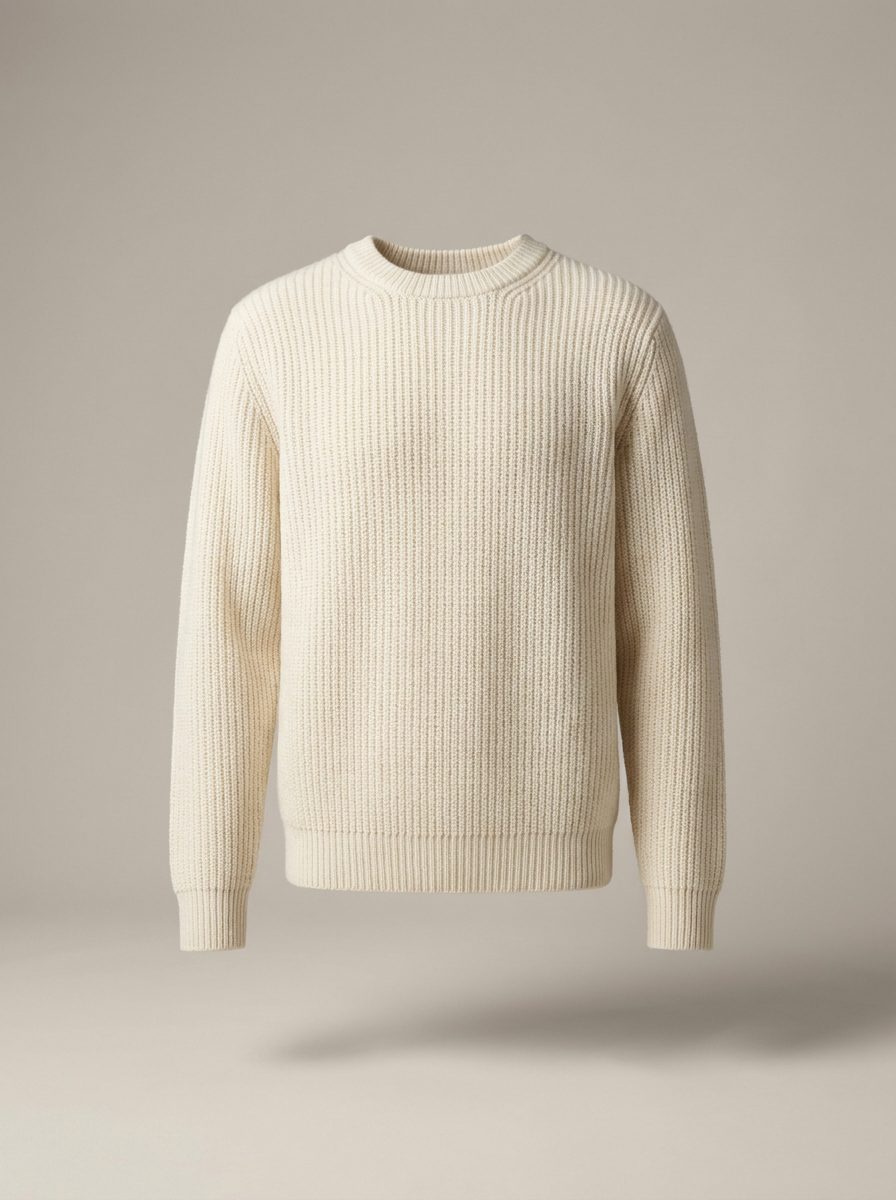 Ivory ribbed wool crewneck knit sweater for men on a warm off-white background
