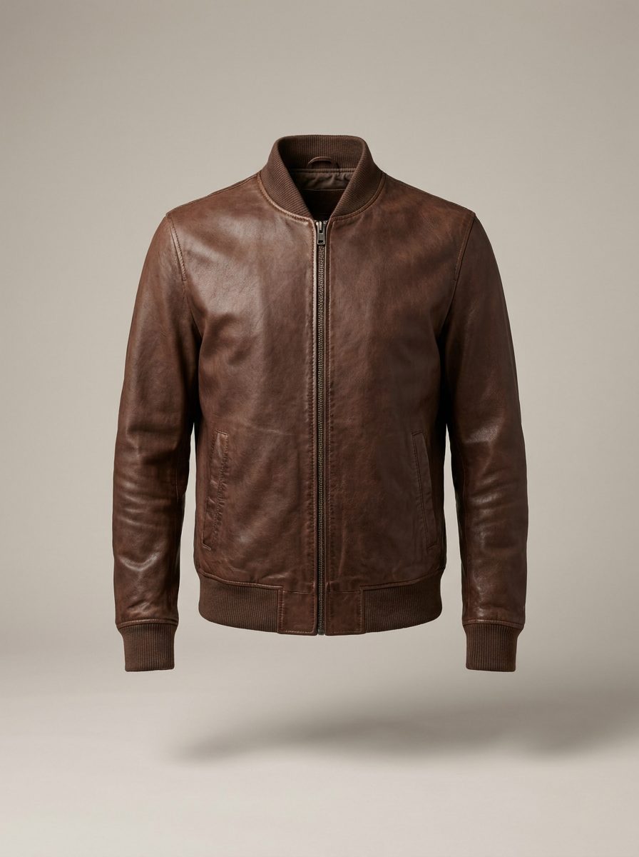 Cocoa brown leather bomber jacket for men on a warm off-white background
