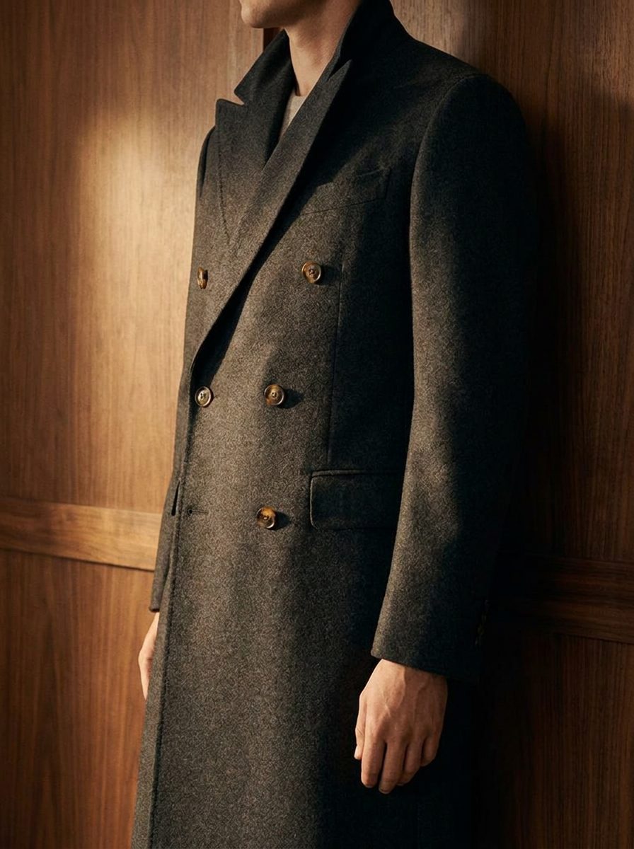 QESHTA charcoal overcoat, worn