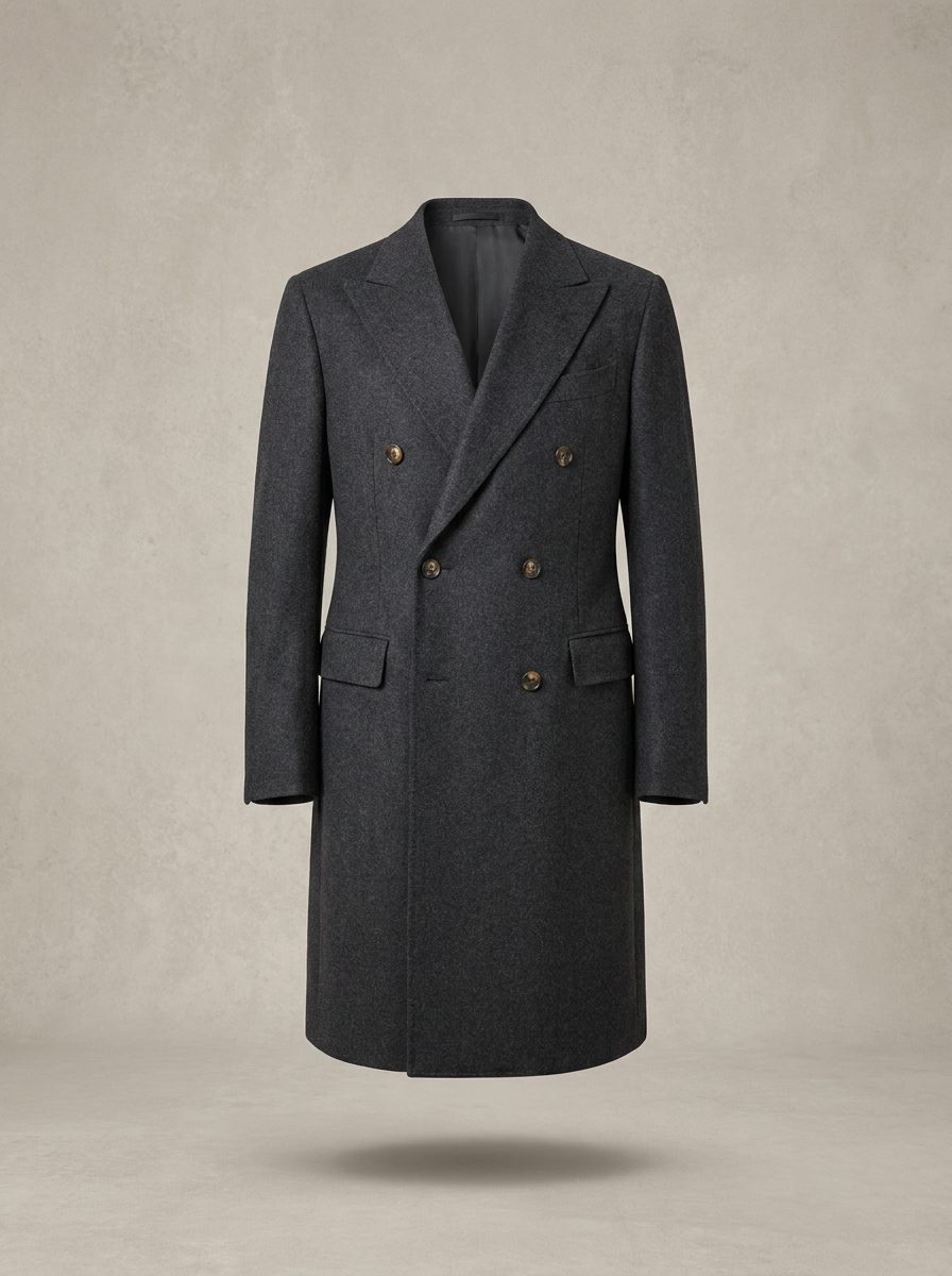 Charcoal wool double-breasted overcoat for men on a warm off-white background