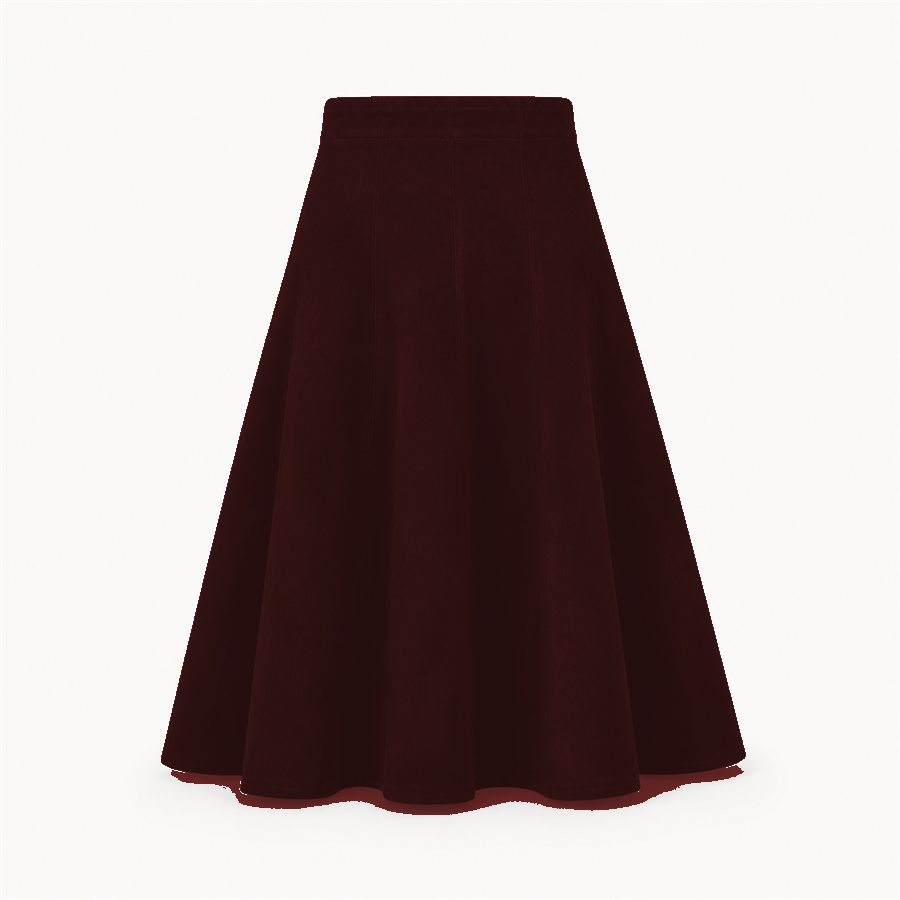 Burgundy opulent leather skirt with a sculptural flared shape on a warm off-white background