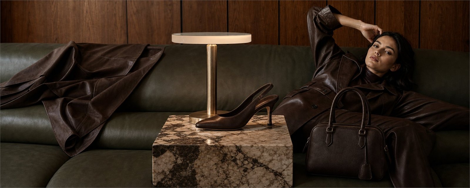 QESHTA leather styling campaign with sculpted black accessories