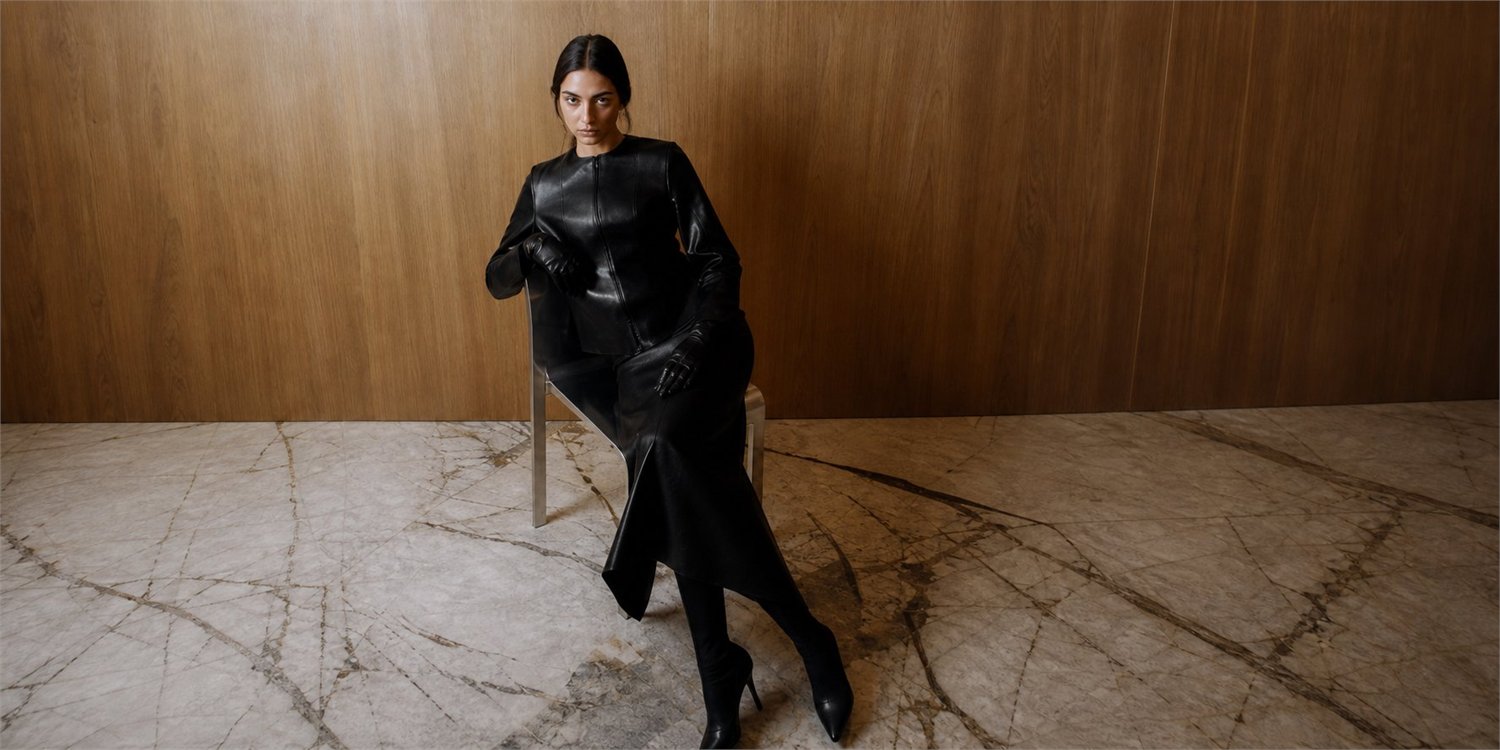 Model in a black leather dress seated against a walnut wall