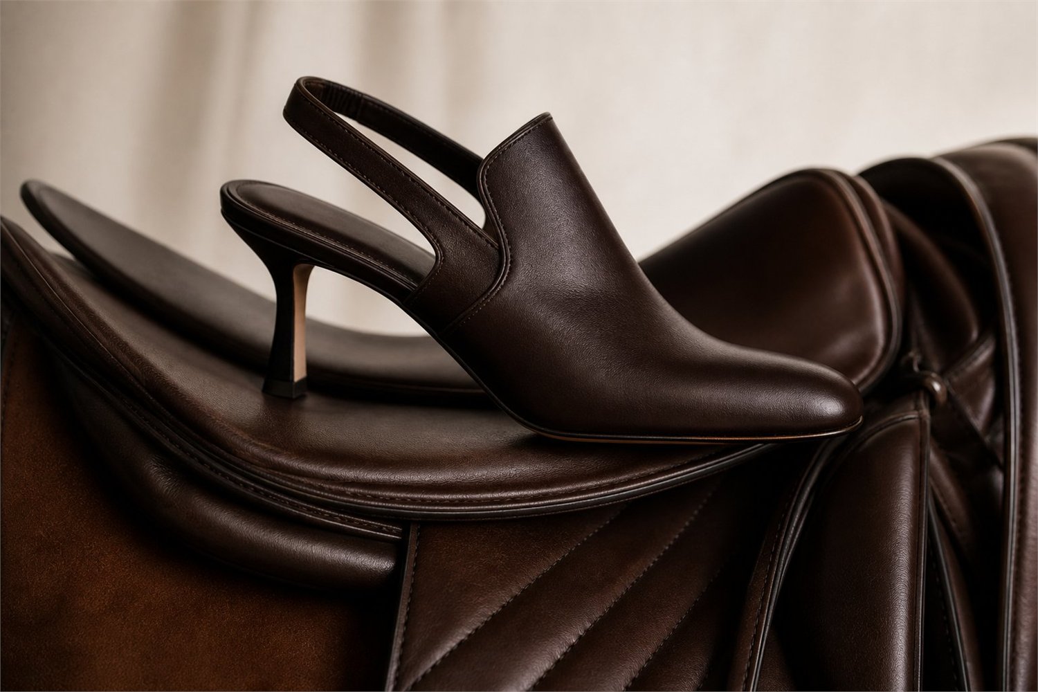 Dark brown leather slingback heel on a quilted chocolate leather bag